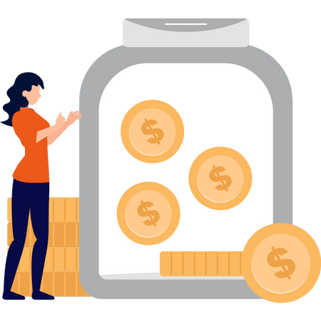 Girl saving dollar coins in jar  Illustration