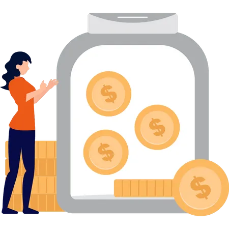 A Girl Is Saving Dollar Coins In A Jar Illustration