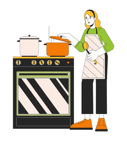 Saving Energy By Cooking With Lid Line Cartoon Flat Illustration Caucasian Woman Putting Lid On Pot 2 D Lineart Character Isolated On White Background Heating Food Quickly Scene Vector Color Image Illustration