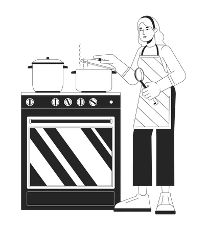 Saving Energy By Cooking With Lid Black And White Cartoon Flat Illustration Caucasian Woman Putting Lid On Pot 2 D Lineart Character Isolated Heating Food Quickly Monochrome Vector Outline Image Illustration