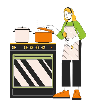 Girl Saving energy by cooking with lid  Illustration