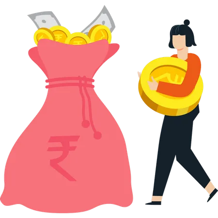 The Girl Is Saving Money In The Bag Illustration