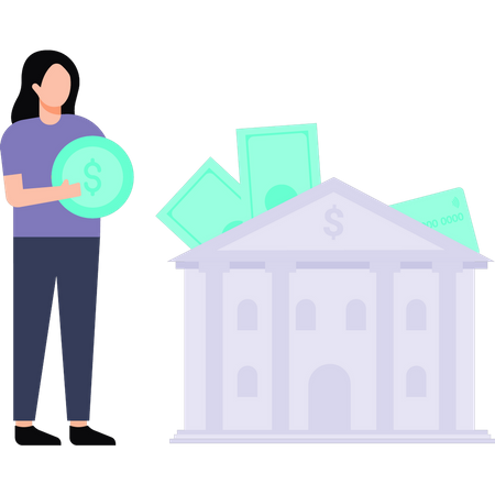 Girl saving money in bank  Illustration