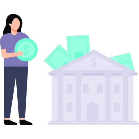 Girl saving money in bank  Illustration