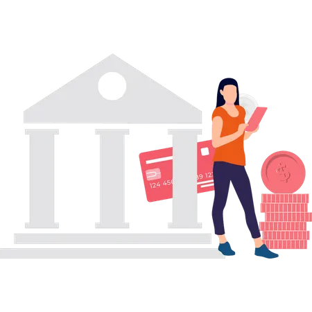 Girl saving money in bank  Illustration