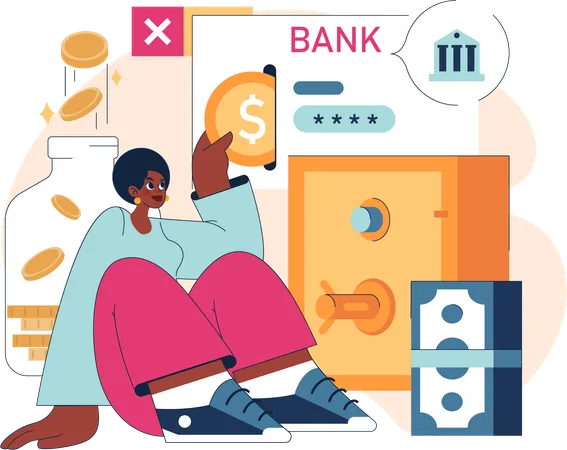 Girl saving money in bank  Illustration