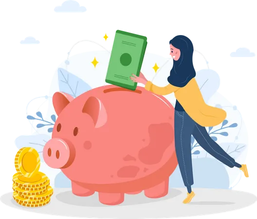 Girl saving money in piggy bank Illustration