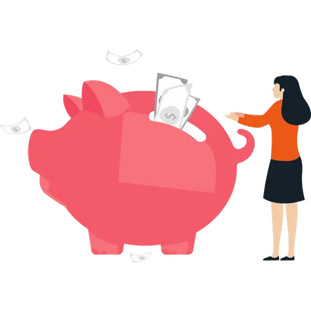 The Girl Is Saving Money In A Piggy Bank Illustration