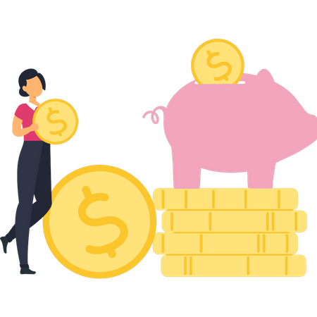 Girl Saving Money In Piggy Bank  Illustration