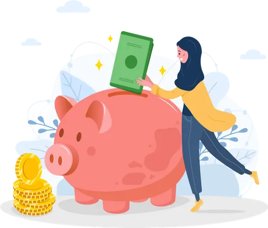 Girl saving money in piggy bank  Illustration