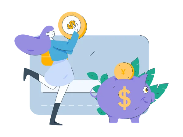 Girl saving money in piggy bank  Illustration