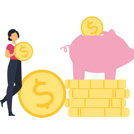 Girl Saving Money In Piggy Bank  Illustration