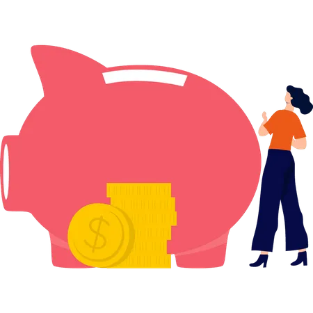 Girl saving money in piggy bank  Illustration