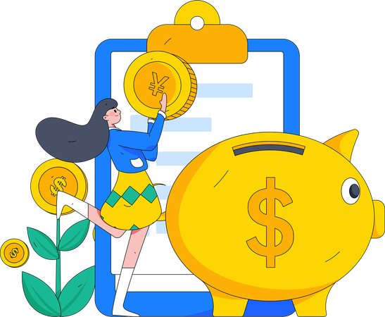 Girl saving money in piggy bank  Illustration