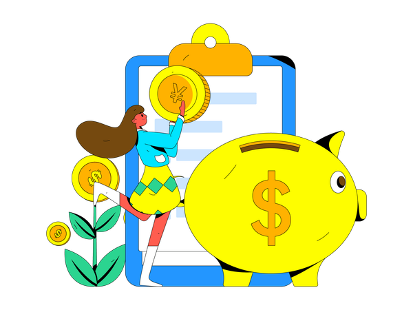 Girl saving money in piggy bank  Illustration