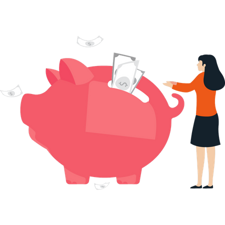 Girl saving money in piggy bank  Illustration