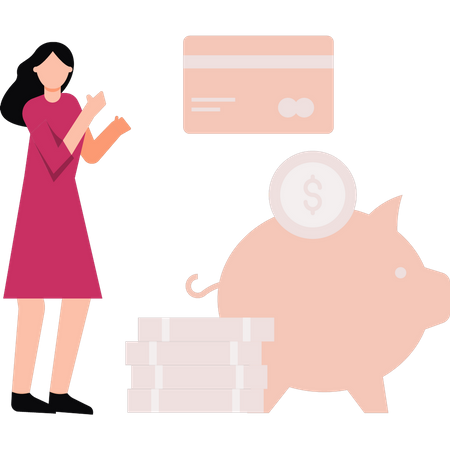 Girl saving money in piggy bank  Illustration