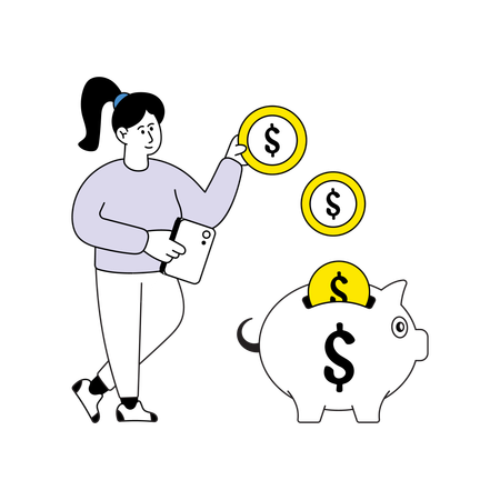 Girl saving money in piggy bank  Illustration