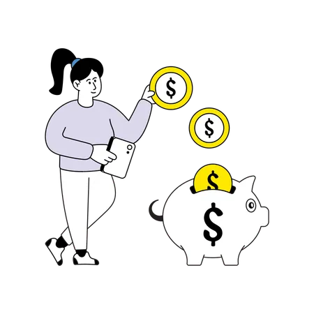 Girl saving money in piggy bank  Illustration