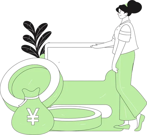 Girl saving Yen in money bag  Illustration