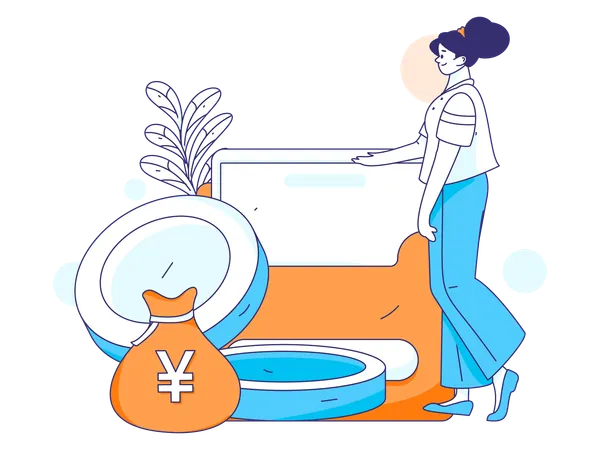 Girl saving Yen in money bag  Illustration