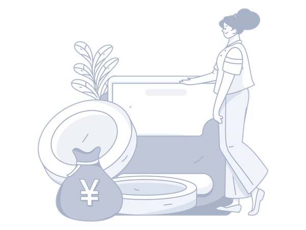 Girl saving Yen in money bag  Illustration