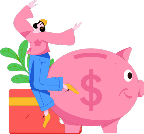 Girl savings money in piggy bank  Illustration