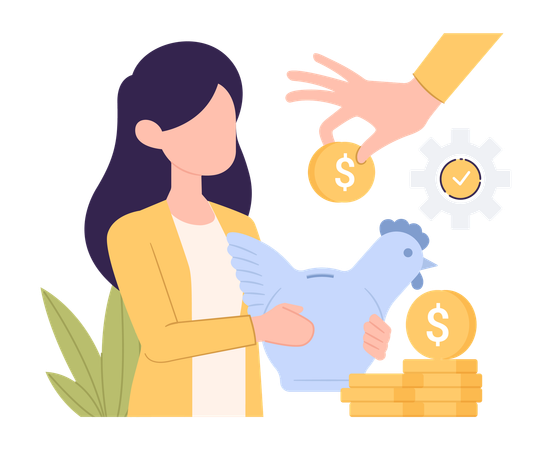 Girl savings money in piggy bank  Illustration