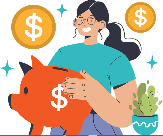 Girl savings money in piggy bank  Illustration