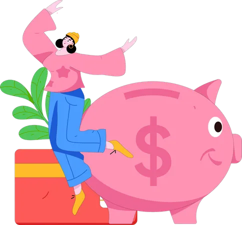 Girl savings money in piggy bank  Illustration