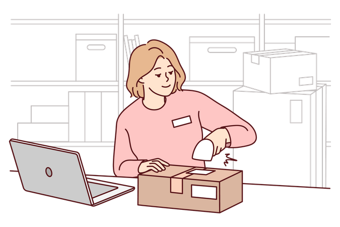 Girl scanning package barcode  Illustration