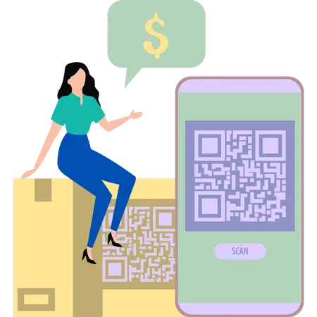 Girl scanning parcel barcode by phone  Illustration