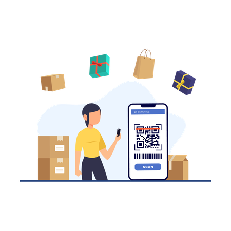 Girl Scanning Qr code using mobile phone  Illustration