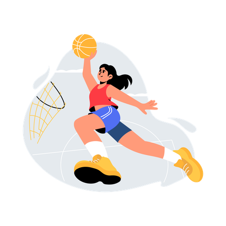 バスケットボールのゴールを決める女の子  イラスト