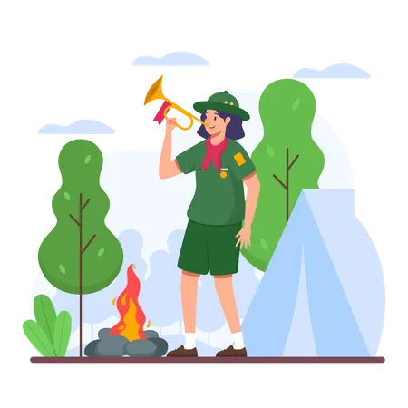 Girl Scouts Blowing Trumpets With Camping Scenery Illustration