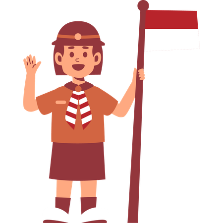 Girl Scout holding flag while waving hand  Illustration