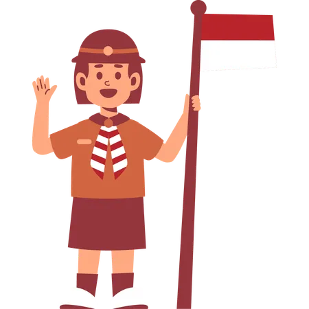 Girl Scout holding flag while waving hand  Illustration