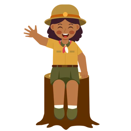 Girl Scout Sit On a Log and Wave Their Hands  Illustration