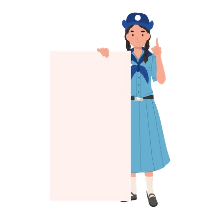 Girl Scout tailandesa en uniforme con letrero en blanco y sugerencias, ideas para proyectos escolares y actividades al aire libre  Ilustración