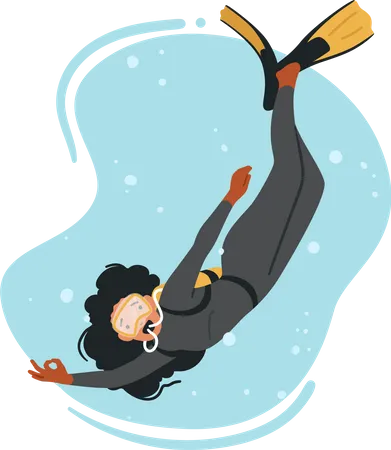 Experienced Diver Female Character Explore Underwater Wonders Discovering Marine Life And Hidden Treasures Expertly Maneuvering Through Depths Of Underwater World Cartoon People Vector Illustration Illustration