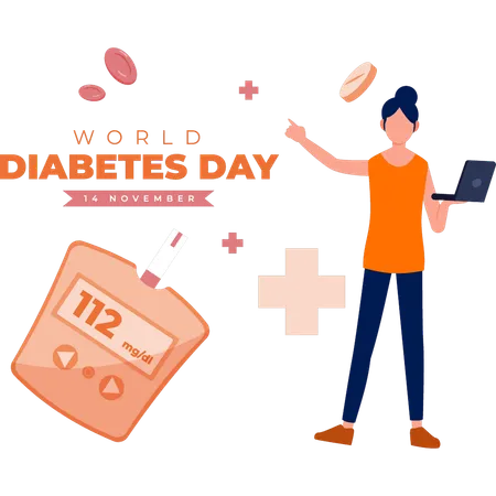 Girl searching about world diabetes day on laptop  Illustration