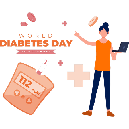 Girl searching about world diabetes day on laptop  Illustration