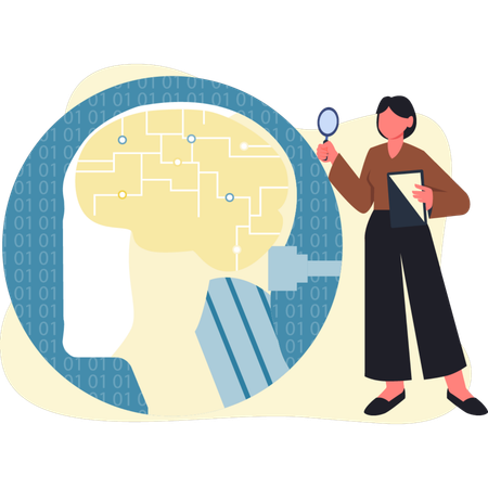 Girl searching AI mind using magnifier glass  Illustration