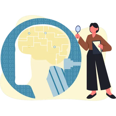 Girl searching AI mind using magnifier glass  Illustration