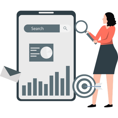 Girl searching business graph on mobile screen  Illustration