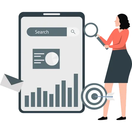 Girl searching business graph on mobile screen  Illustration