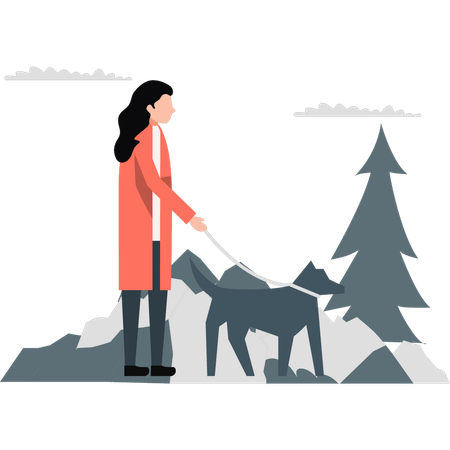 Girl searching for something with help of her wild dog  Illustration