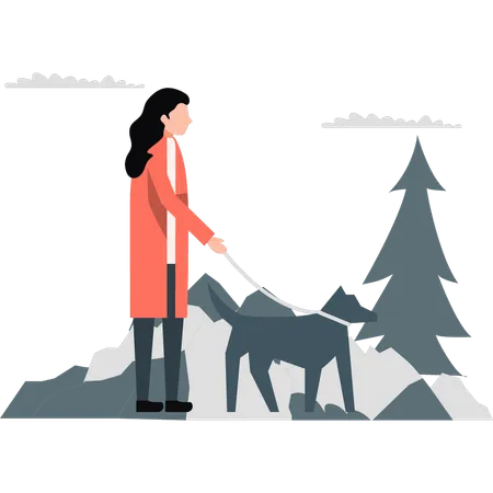 Girl searching for something with help of her wild dog  Illustration