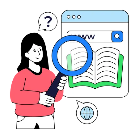 Girl Searching Online Book  Illustration