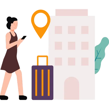 Girl searching the location of the hotel on mobile Illustration